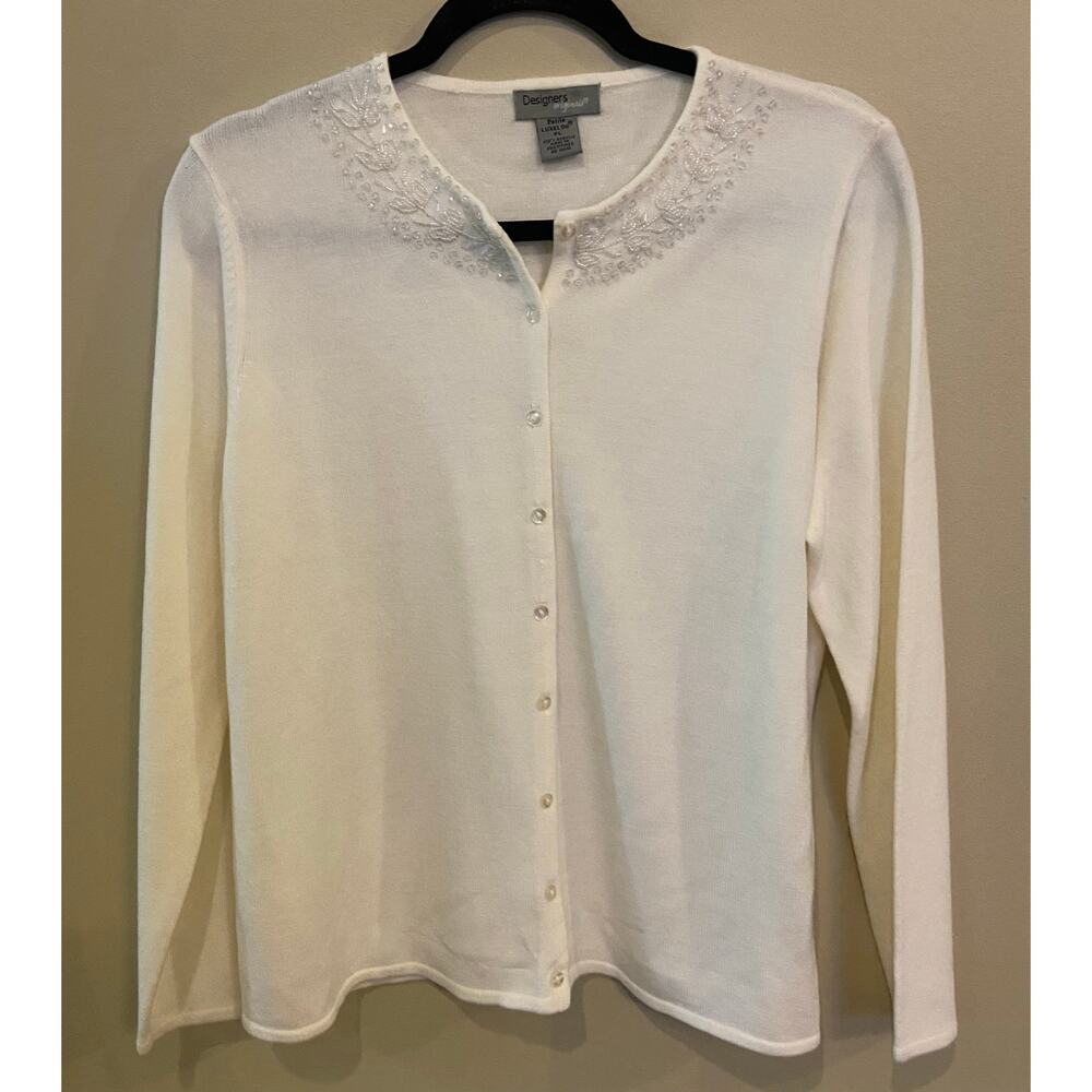 Designers Originals Womens Petite Large Luxelon White Beaded Cardigan EUC